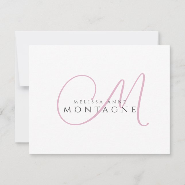 Elegant rosa svart monogram platt anteckningskort (Framsida)