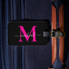 Elegant Rosa & Svart Monogram Skript Namn Bagagebricka