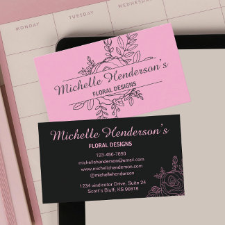 Elegant Rosa & Svart Ros Illustration Blomsterhand Visitkort