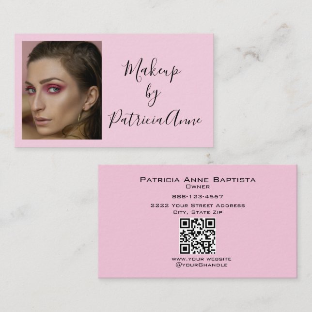 Elegant Rosa Svart Script Foto QR Smink Visitkort (Fram/baksida)