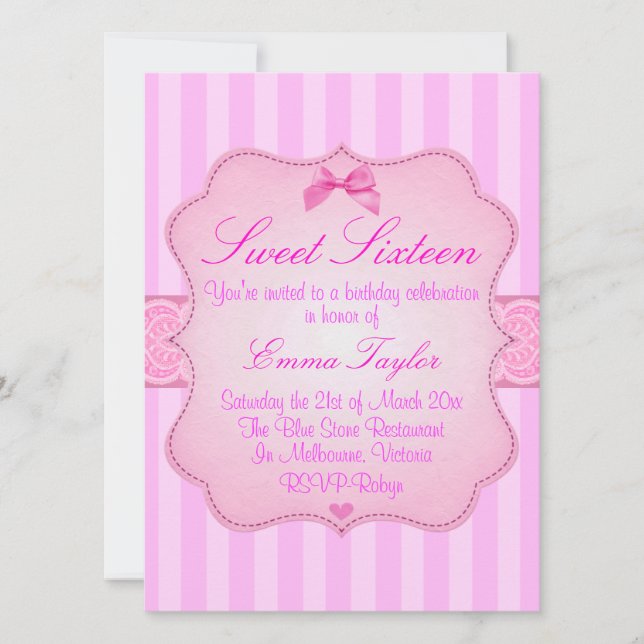 Elegant Rosa Sweet16 Födelsedagsinbjudan Inbjudningar (Framsida)