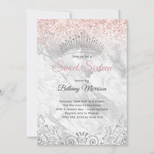 Elegant Rosa Sweet sixteen Tiara Glitter Party Inbjudningar (Framsida)
