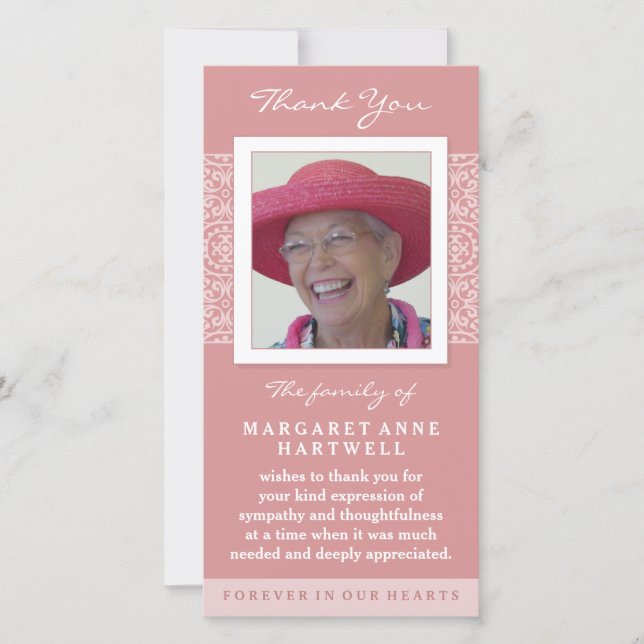 Elegant Rosa Tack Memorial Photo Card (Framsida)