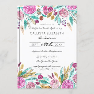 Elegant Rosa Teal Blommigt Watercolor Studenten Inbjudningar