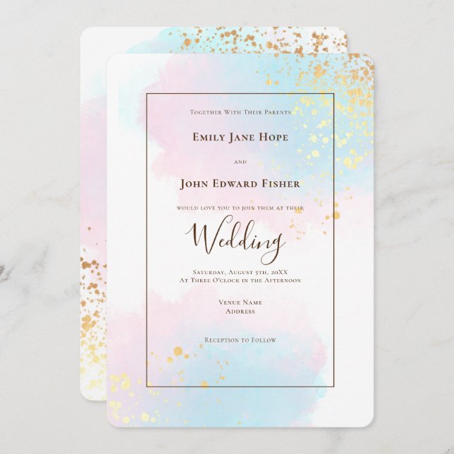Elegant Rosa Teal Vattenfärg Guld Konfetti Bröllop Inbjudningar (Fram/baksida)