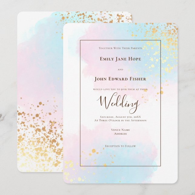 Elegant Rosa Teal Watercolor Guld Confetti Bröllop Inbjudningar (Fram/baksida)