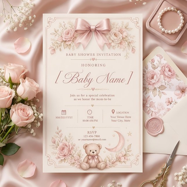 Elegant Rosa Teddybjörn Bebisdopp Inbjudningar (Skapare uppladdad)