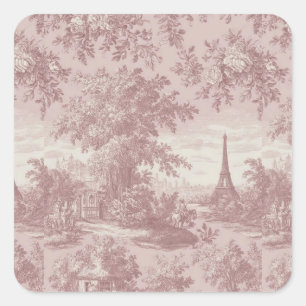 Elegant Rosa Toile de Jouy Fransk Land Scene Fyrkantigt Klistermärke