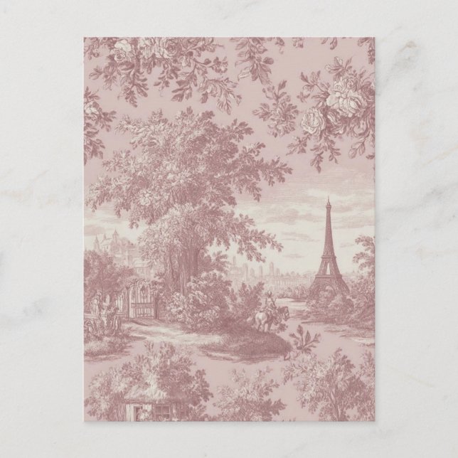 Elegant Rosa Toile de Jouy Fransk Land Scene Vykort (Framsida)