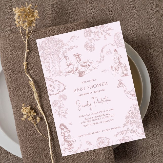 Elegant Rosa Toile de Jouy Picnic Baby Shower Inbjudningar (Skapare uppladdad)