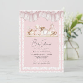 Elegant Rosa Toile Vintage Whimsisk Bebisbjudning Inbjudningar