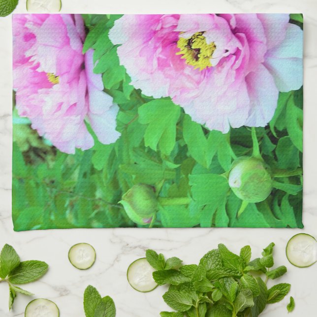 Elegant Rosa Träd Peony Flowers med Gult Center Kökshandduk (Vikta)