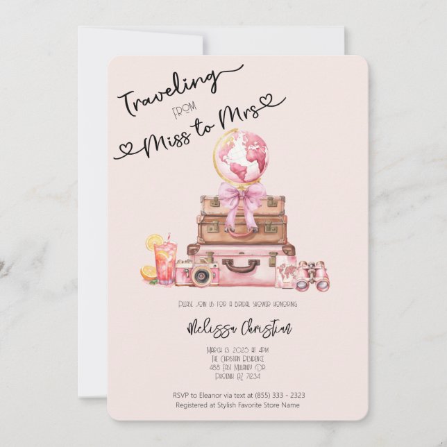 Elegant  Rosa Travel Äventyr Möhippa Inbjudningar (Framsida)