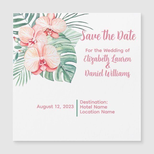 Elegant Rosa Tropical Save the Date Magnetisk Inbjudningskort (Framsida)
