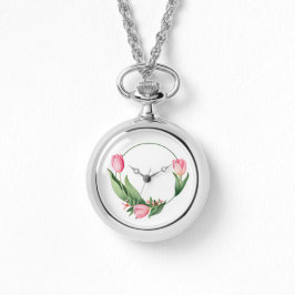 Elegant rosa tulipkrans blomsterhalsband klocka