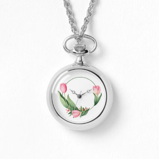 Elegant rosa tulipkrans blomsterhalsband klocka