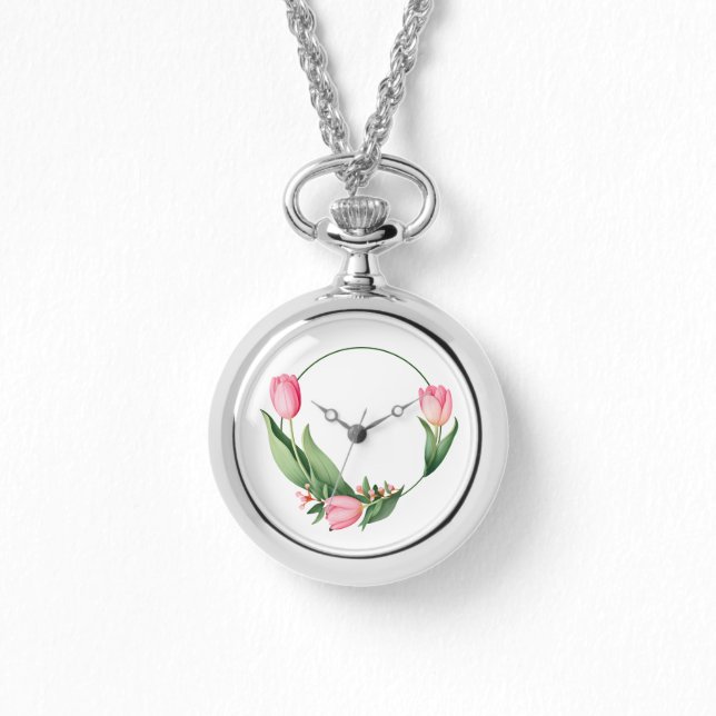 Elegant rosa tulipkrans blomsterhalsband klocka (Framsida)