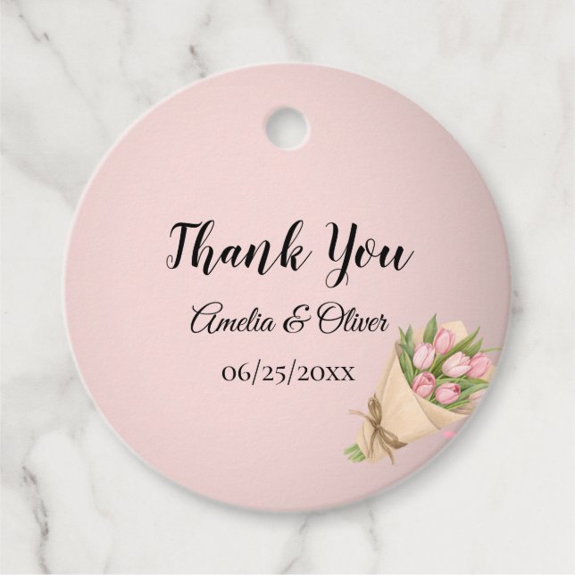 Elegant Rosa Tulips Bouquet Bröllop Gåvor Etiketter (Framsida)