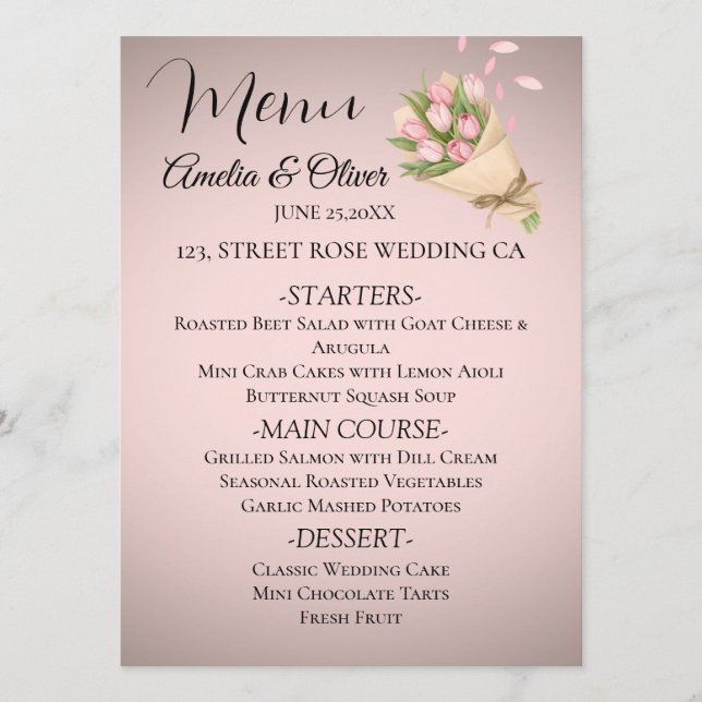 Elegant Rosa Tulips Bouquet Bröllop Meny (Framsida)