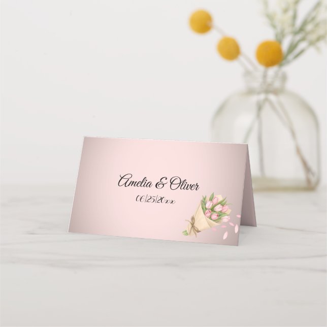 Elegant Rosa Tulips Bouquet Bröllop Placeringskort (Framsida)