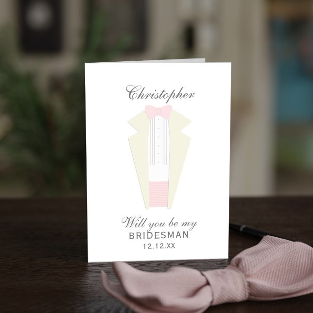Elegant Rosa Tuxedo Bridesman Groomsman Card Inbjudan (An elegant bridal party proposal card featuring a pink and ivory tuxedo. Perfect for your Bridesman)