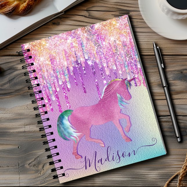 Elegant rosa Unicorn dropping glitter monogram Anteckningsbok (Skapare uppladdad)