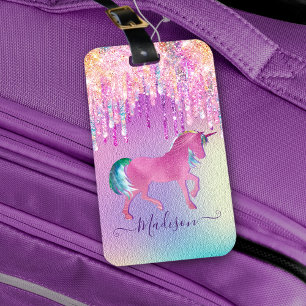 Elegant rosa Unicorn dropping glitter monogram Bagagebricka