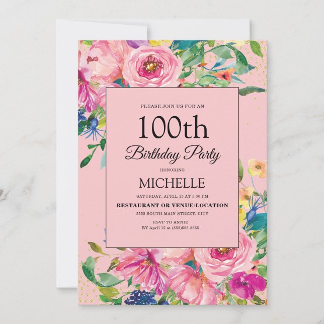 Elegant Rosa Vattenfärg Blommig Födelsedag Inbjudningar (Framsida)