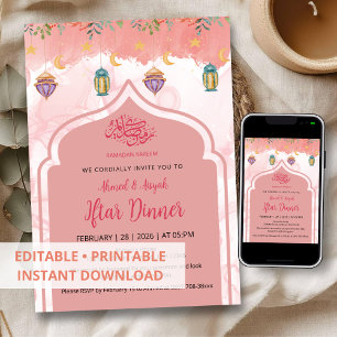 Elegant Rosa Vattenfärg Blommig Iftar Middag Inbjudningar