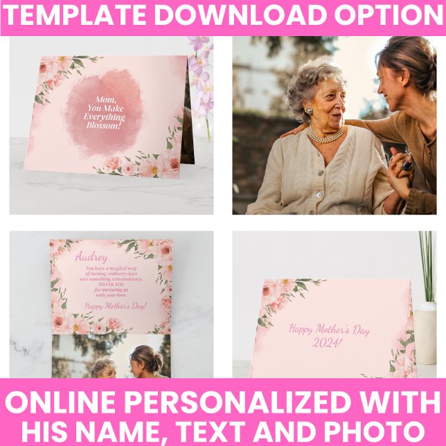 Elegant Rosa Vattenfärg Blommig Mors Dag Kort (Elegant Pink Watercolor Floral Mother's Day Card)