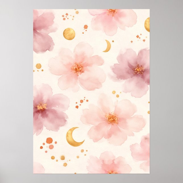 Elegant Rosa Vattenfärg Blommönster Poster (Framsidan)