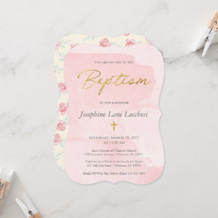 Elegant Rosa Vattenfärg och Guld Baptism Inv. Inbjudningar