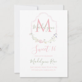 Elegant Rosa Vattenfärgad Blommigt Monogram Söt 16 Inbjudningar