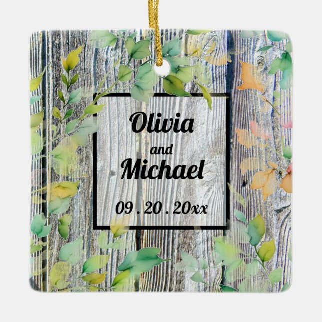 Elegant rosa vattenfärgade blommor i nött trä julgransprydnad keramik (Framsida)