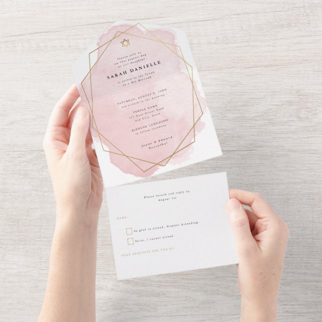 Elegant Rosa Vattenfärgen Guld Ram Bat mitzvah (Avrivbar del)