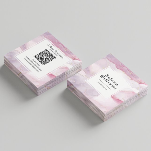 Elegant Rosa vattenfärgens fyrkantsdesign med QR-k Fyrkantigt Visitkort (Skapare uppladdad)