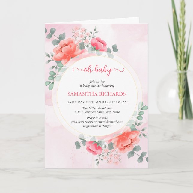 Elegant  rosa vattenfärgsbabydusch inbjudan (Framsida)