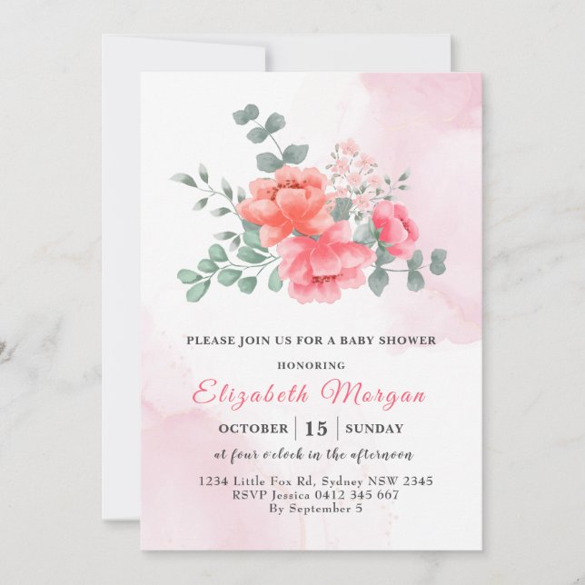 Elegant  rosa vattenfärgsbabydusch inbjudningar (Framsida)