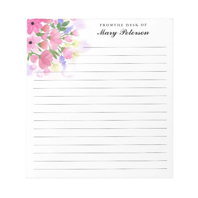 Elegant  Rosa Vattenfärgsblommor, Personlig Anteckningsblock (Framsida)