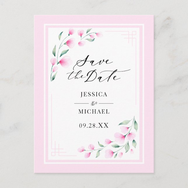 Elegant  Rosa Vattenfärgsfärgad Blommigt Spara dat Inbjudan Vykort (Framsida)