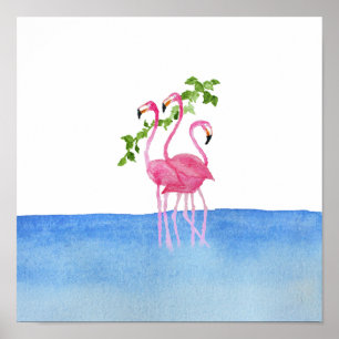 Elegant rosa, vattenfärgsfärghandmålad flamingo poster