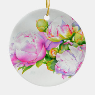 Elegant rosa vattenfärgsfärgning för vit blommigt julgransprydnad keramik