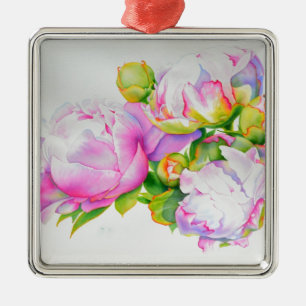 Elegant rosa vattenfärgsfärgning för vit blommigt julgransprydnad metall