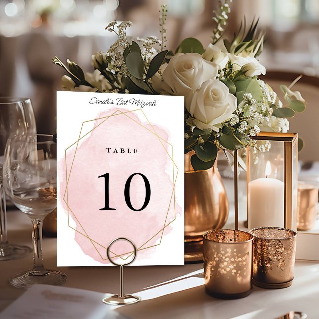 Elegant rosa vattenfärgspersonaliserad Bat Mitzvah Bordsnummer (Skapare uppladdad)