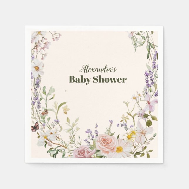 Elegant Rosa Vildblomma Boho Babyfirande Pappersservett (Framsidan)