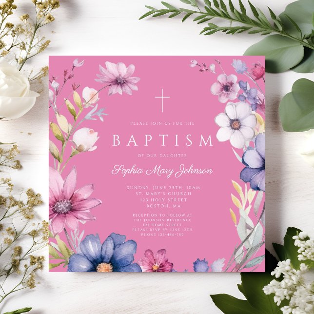 Elegant rosa vildblomskrans flicka dop inbjudningar (Elegant Pink Wildflower Wreath Girl Baptism Invitation)
