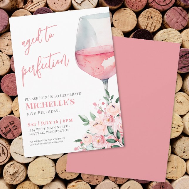Elegant Rosa Vin 50-års Födelsedagsfest Inbjudningar (Wine Floral 50th Birthday Party Invitation)