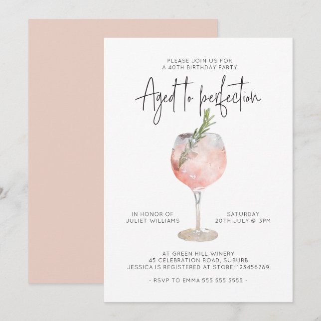 Elegant Rosa Vin Åldras till Perfektion 40:e födel Inbjudningar (Fram/baksida)