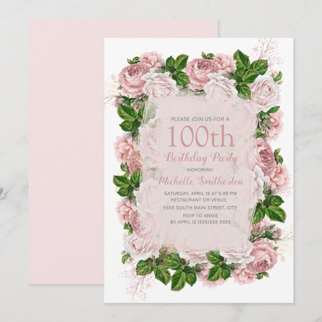 Elegant Rosa Vintage Blommigt 100:e Födelsedagsfes Inbjudningar (Fram/baksida)