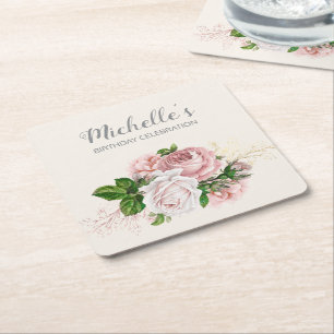Elegant rosa vintage blomster födelsedagsfest underlägg papper kvadrat